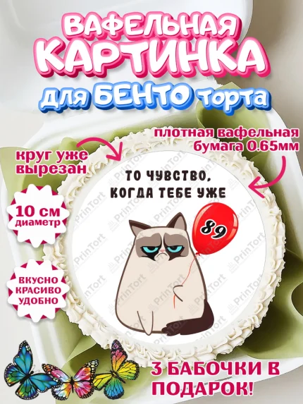 Вафельный круг для Бенто 10см, с днем рождения, Девушка, 89 лет, День рождения, арт. PT312057