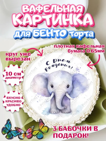 Вафельный круг для Бенто 10см, Животные Сафари, звери, животные, слон, птица, цветы, Девочка, арт. PT313650