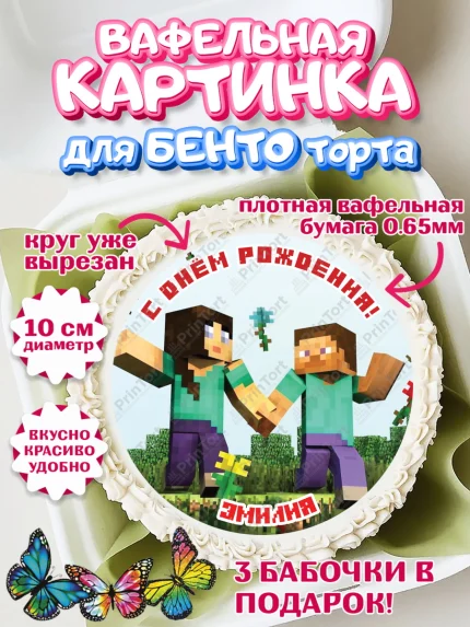 Вафельный круг для Бенто 10см, Майнкрафт, Minecraft, Девочка, Эмилия, День рождения, арт. PT315704