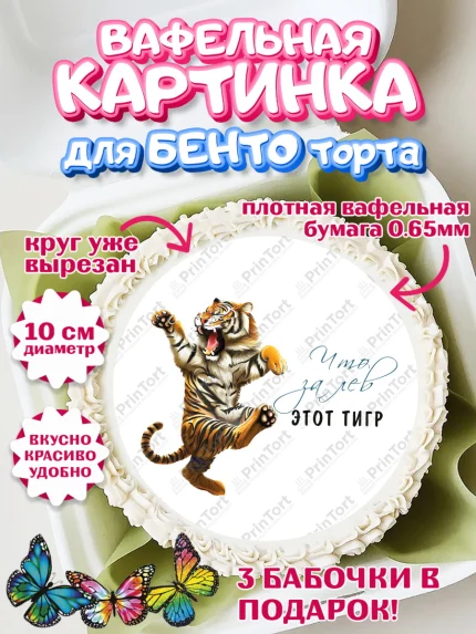 Вафельный круг для Бенто 10см, Что за лев этот тигр, тигр, бабочка, звезды, Мальчик, День рождения, арт. PT316310