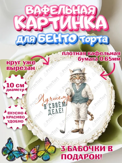 Вафельный круг для Бенто 10см, Гольф, кот, мяч для гольфа, кубок, гольф-клюшка, Мальчик, арт. PT316561