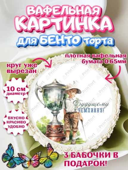 Вафельный круг для Бенто 10см, Гольф, мальчик, кубок, мяч для гольфа, гольф-клюшка, День рождения, арт. PT316565