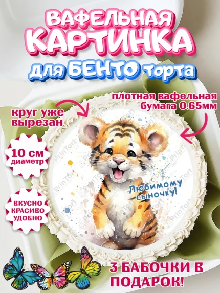 Вафельный круг для Бенто 10см, Тигр, тигры, тигрята, звезды, Мальчик, День рождения, арт. PT316723
