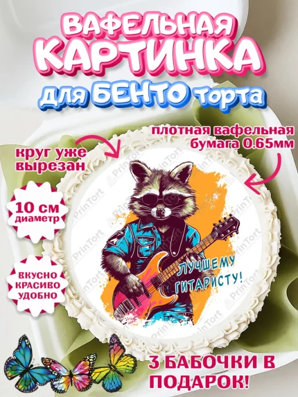 Вафельный круг для Бенто 10см, Гитара, енот, очки, Мальчик, День рождения, арт. PT316997