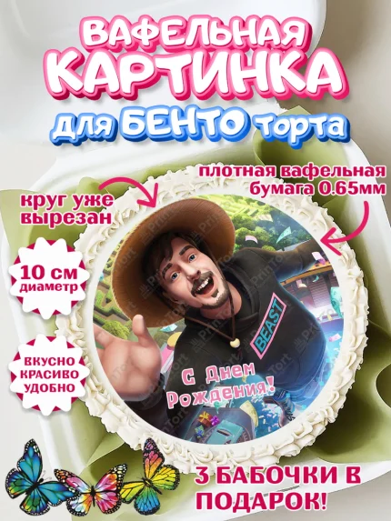 Вафельный круг для Бенто 10см, Мистер Бист, mister beast, ютуб, youtube, Девочка, День рождения, арт. PT317020
