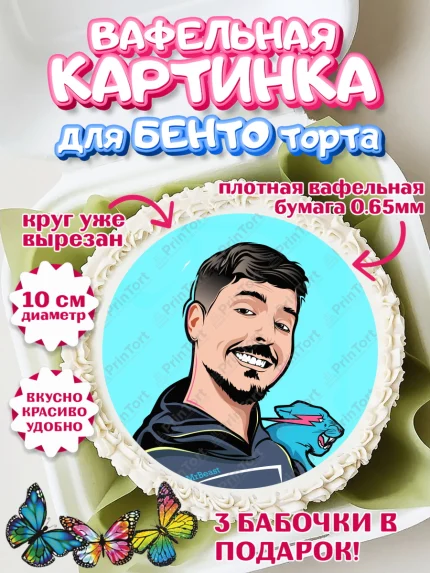 Вафельный круг для Бенто 10см, Мистер Бист, mister beast, ютуб, youtube, Девочка, День рождения, арт. PT317030