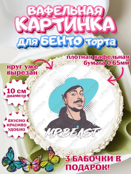 Вафельный круг для Бенто 10см, Мистер Бист, mister beast, ютуб, youtube, Девочка, День рождения, арт. PT317032