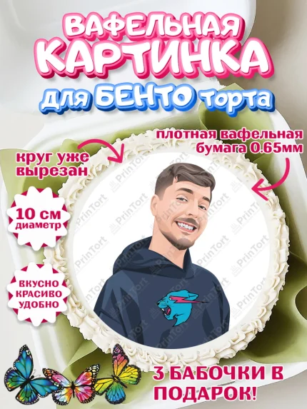 Вафельный круг для Бенто 10см, Мистер Бист, mister beast, ютуб, youtube, Девочка, День рождения, арт. PT317033