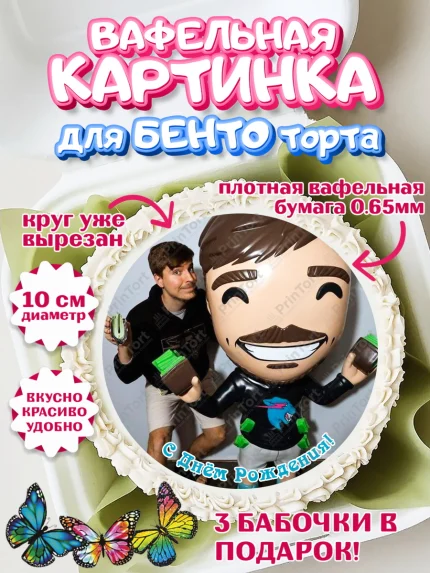 Вафельный круг для Бенто 10см, Мистер Бист, mister beast, ютуб, youtube, Девочка, День рождения, арт. PT317034