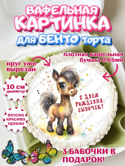 Вафельный круг для Бенто 10см, Пони, лошадка, сердце, Мальчик, День рождения, арт. PT317060