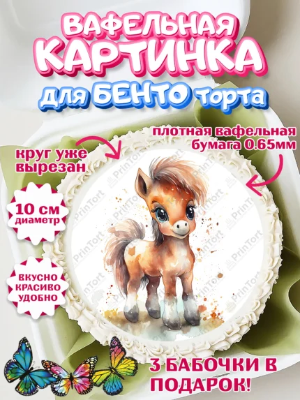 Вафельный круг для Бенто 10см, Пони, лошадка, корона, смайл, Девочка, День рождения, арт. PT317072
