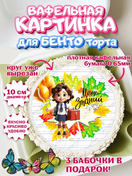 Вафельный круг для Бенто 10см, 1 сентября, Девочка, школьница, шарики, учебник, школа, день знаний, арт. PT318607