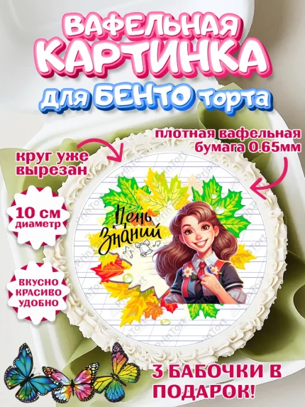 Вафельный круг для Бенто 10см, 1 сентября, Школьница, ученица, девочка, учебник, школа, день знаний, арт. PT318614