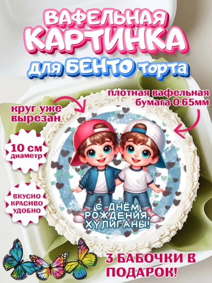 Вафельный круг для Бенто 10см, Близнецы, мальчики, двойня, малыши, Девочка, День рождения, арт. PT318714