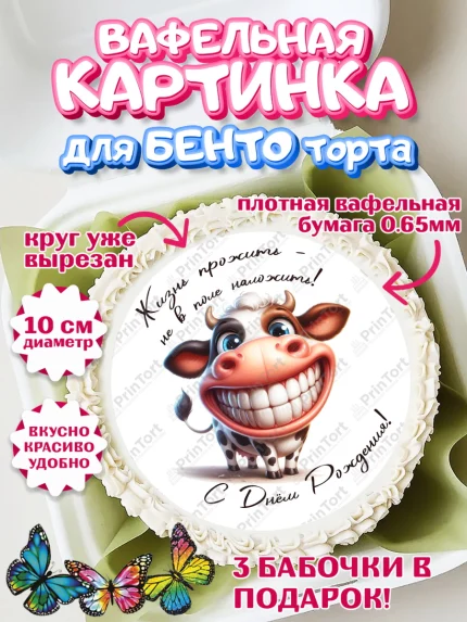 Вафельный круг для Бенто 10см, 33 корове, корова, прикол, шарики, Девочка, День рождения, арт. PT318803