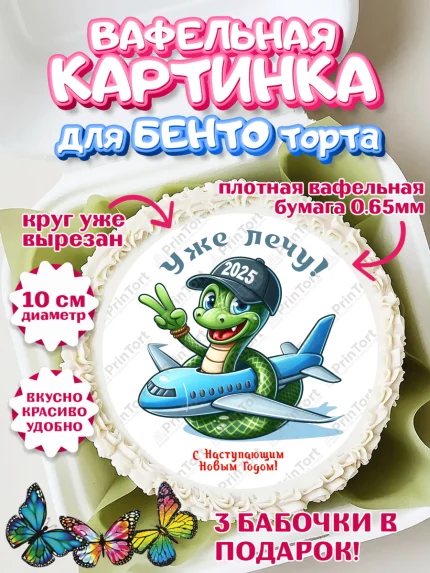 Вафельный круг для Бенто 10см, Новый год, Новый 2025 год, Год змеи, Змея, 2025 год, елка, Девочка, арт. PT318933