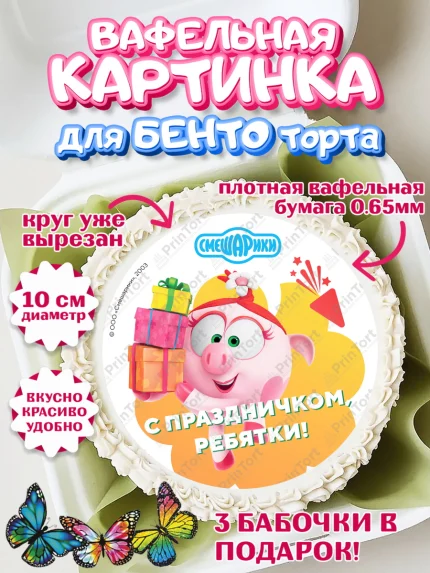 Вафельный круг для Бенто 10см, Смешарики, Крош, Ёжик, Нюша, Бараш, Совунья, Кар-Карыч, Копатыч, арт. PT319673