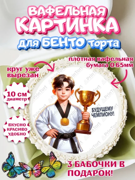 Вафельный круг для Бенто 10см, Тхэквондо, спорт, борьба, кубок, победа, медаль, Девочка, арт. PT319850
