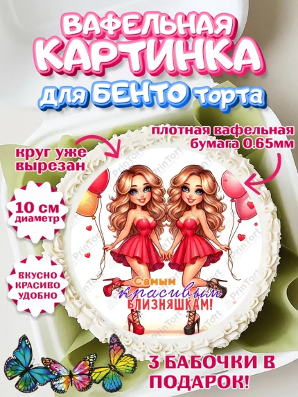 Вафельный круг для Бенто 10см, Близнецы, Девочка, День рождения, арт. PT320025
