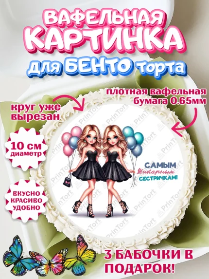Вафельный круг для Бенто 10см, Близнецы, Девочка, День рождения, арт. PT320027