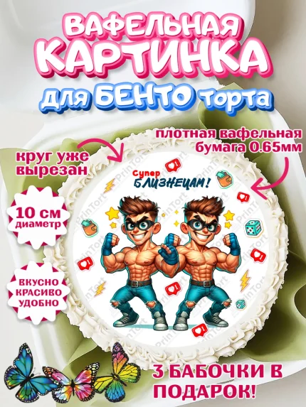 Вафельный круг для Бенто 10см, Близнецы, Девочка, День рождения, арт. PT320028