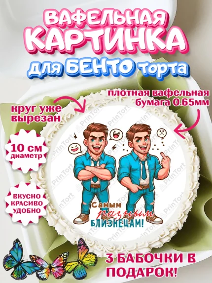 Вафельный круг для Бенто 10см, Близнецы, Девочка, День рождения, арт. PT320030