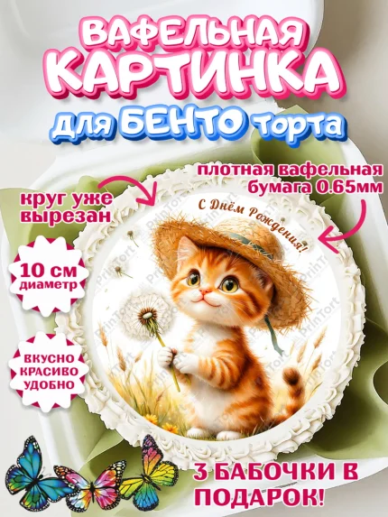 Вафельный круг для Бенто 10см, День рождения, Зверята, животные, Котик, кошка, котенок, арт. PT320160