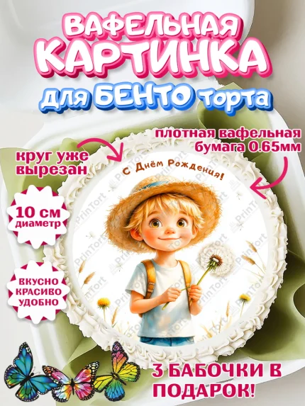 Вафельный круг для Бенто 10см, День рождения, мальчик, одуванчик, арт. PT320170