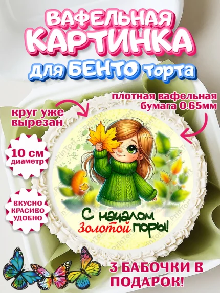 Вафельный круг для Бенто 10см, День рождения, осень, осенняя пора, листья, девочка, осенние листья, арт. PT320213