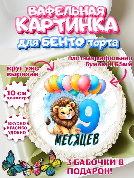 Вафельный круг для Бенто 10см, День Рождение малыша, звери, животные, зоопарк, мальчику, шарики, арт. PT320850