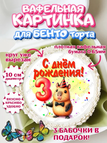 Вафельный круг для Бенто 10см, День рождения, Капибара, праздник, Девочка, 3 года, арт. PT321390