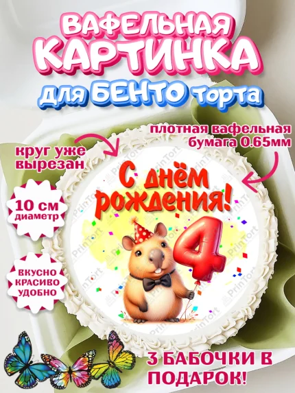 Вафельный круг для Бенто 10см, День рождения, Капибара, праздник, Девочка, 4 года, арт. PT321391