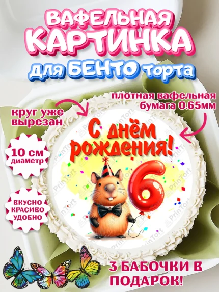 Вафельный круг для Бенто 10см, День рождения, Капибара, праздник, Девочка, 6 лет, арт. PT321393