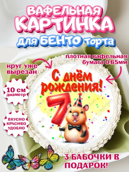 Вафельный круг для Бенто 10см, День рождения, Капибара, праздник, Девочка, 7 лет, арт. PT321394