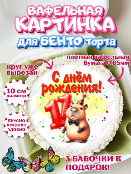 Вафельный круг для Бенто 10см, День рождения, Капибара, праздник, Девочка, 11 лет, арт. PT321398