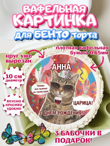 Вафельный круг для Бенто 10см, с днем рождения, Поздравление С Днём Рождения именное, мемное, арт. PT326487