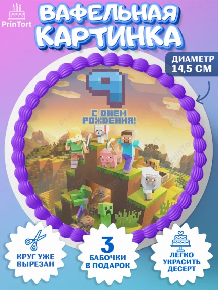 Вафельный круг 14.5см, Майнкрафт, Мальчик, 9 лет, День рождения, арт. PT604447