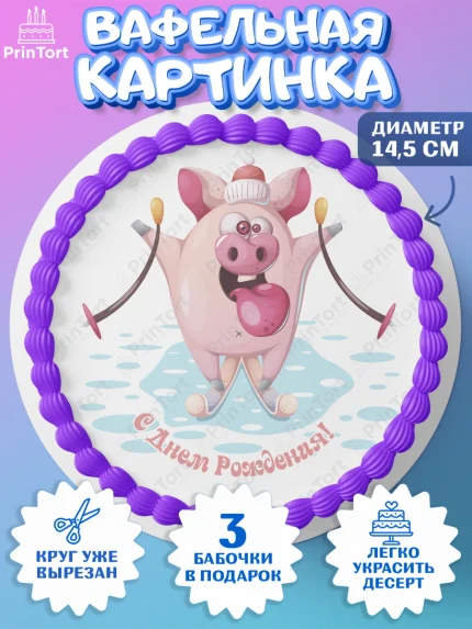 Вафельный круг 14.5см, Лыжи, Лыжник, Мальчик, День рождения, арт. PT605514
