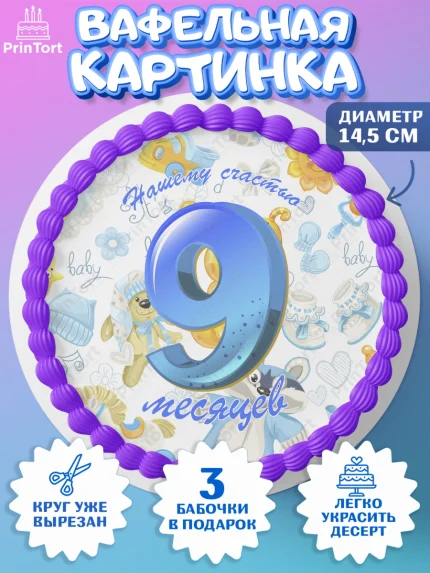 Вафельный круг 14.5см, Мальчику 9 месяцев, Мальчик, 9 месяцев, День рождения, арт. PT608142