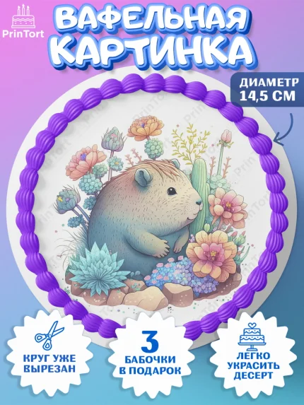 Вафельный круг 14.5см, Капибара, Девочка, День рождения, арт. PT611042
