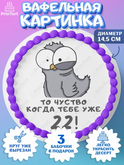 Вафельный круг 14.5см, с днем рождения, Девушка, 22 года, День рождения, арт. PT612345