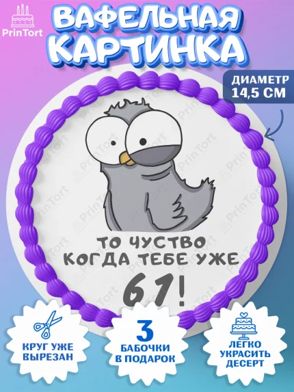 Вафельный круг 14.5см, с днем рождения, Девушка, 61 год, День рождения, арт. PT612384