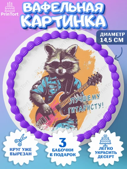 Вафельный круг 14.5см, Гитара, енот, очки, Мальчик, День рождения, арт. PT616997