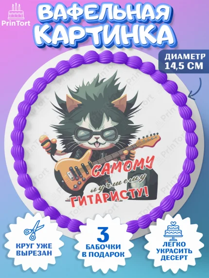 Вафельный круг 14.5см, Гитара, кот, музыка, Мальчик, День рождения, арт. PT617014