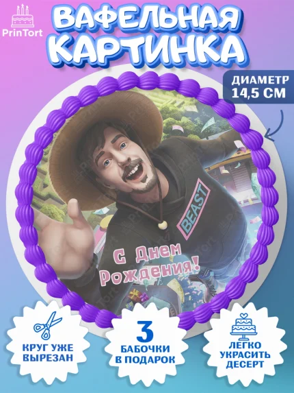 Вафельный круг 14.5см, Мистер Бист, mister beast, ютуб, youtube, Девочка, День рождения, арт. PT617020