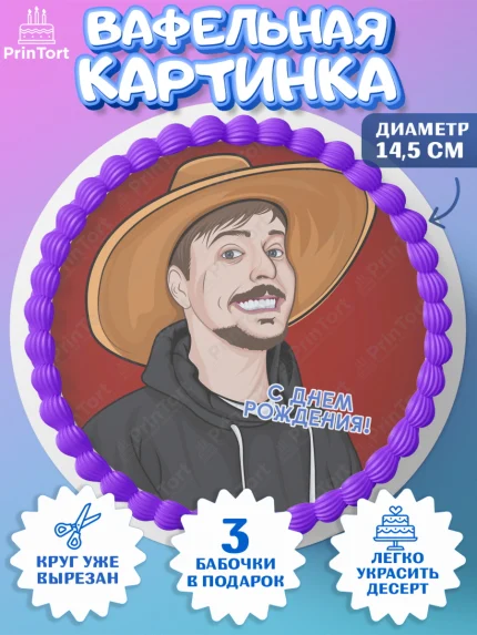 Вафельный круг 14.5см, Мистер Бист, mister beast, ютуб, youtube, Девочка, День рождения, арт. PT617028