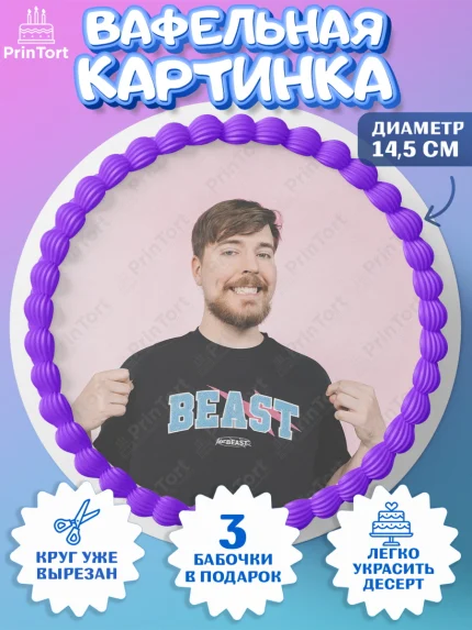 Вафельный круг 14.5см, Мистер Бист, mister beast, ютуб, youtube, Девочка, День рождения, арт. PT617029