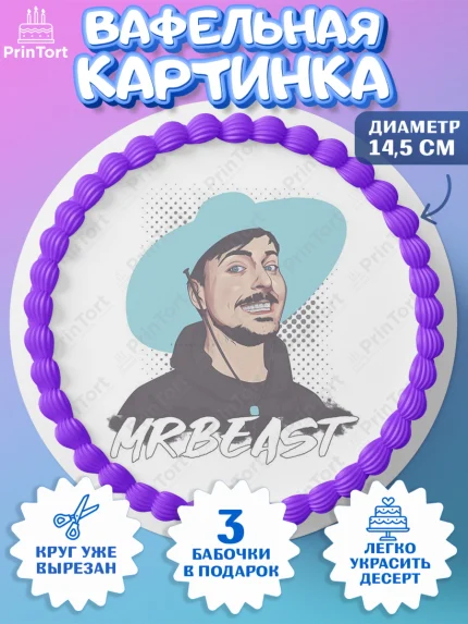 Вафельный круг 14.5см, Мистер Бист, mister beast, ютуб, youtube, Девочка, День рождения, арт. PT617032