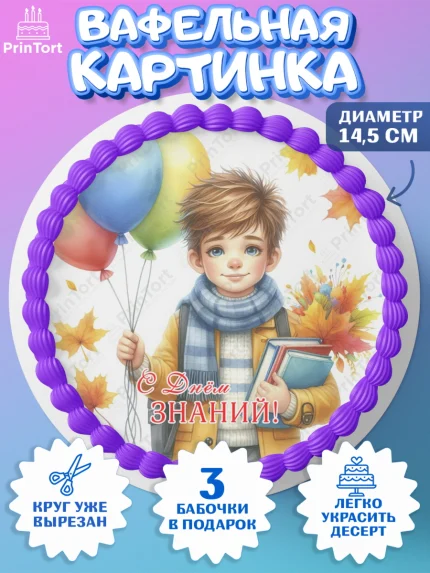 Вафельный круг 14.5см, 1 сентября, мальчик, школьник, ученик, звонок, шарики, рюкзак школьный, арт. PT618372