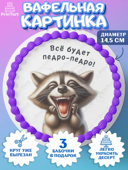 Вафельный круг 14.5см, Прикольные животные, енот, животные, звери, забавные животные, Девочка, арт. PT618452